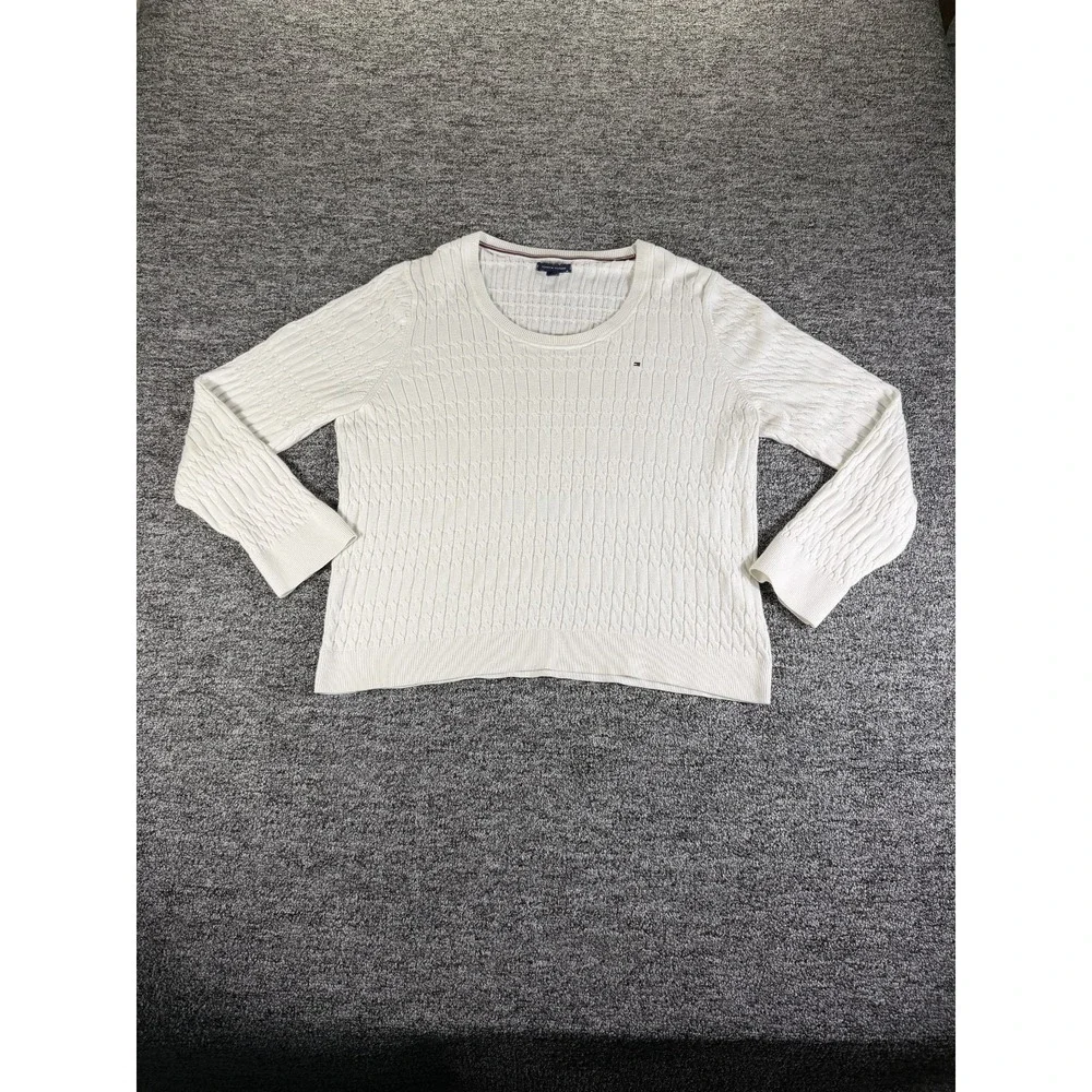 Tommy Hilfiger Sweater Womens XL White Logo Cable Knit Ribbed Hem Round Neck